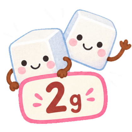 A cute cartoon illustration of two smiling white sugar cubes holding a pink sign that says "2g" on a plain white background.