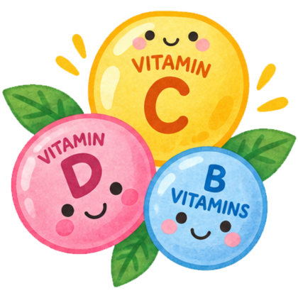 A cute cartoon illustration of three round vitamins: a yellow Vitamin C, a pink Vitamin D, and a blue Vitamin B, each with a smiling face and small green leaves on a plain white background.