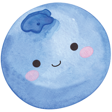 A round blue watercolor-style illustration with a cute face, including black dot eyes, a small black smile, and pink rosy cheeks, shown on a white background.
