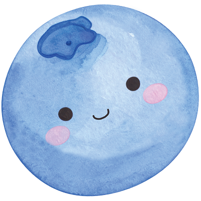 A round blue watercolor-style illustration with a cute face, including black dot eyes, a small black smile, and pink rosy cheeks, shown on a white background.