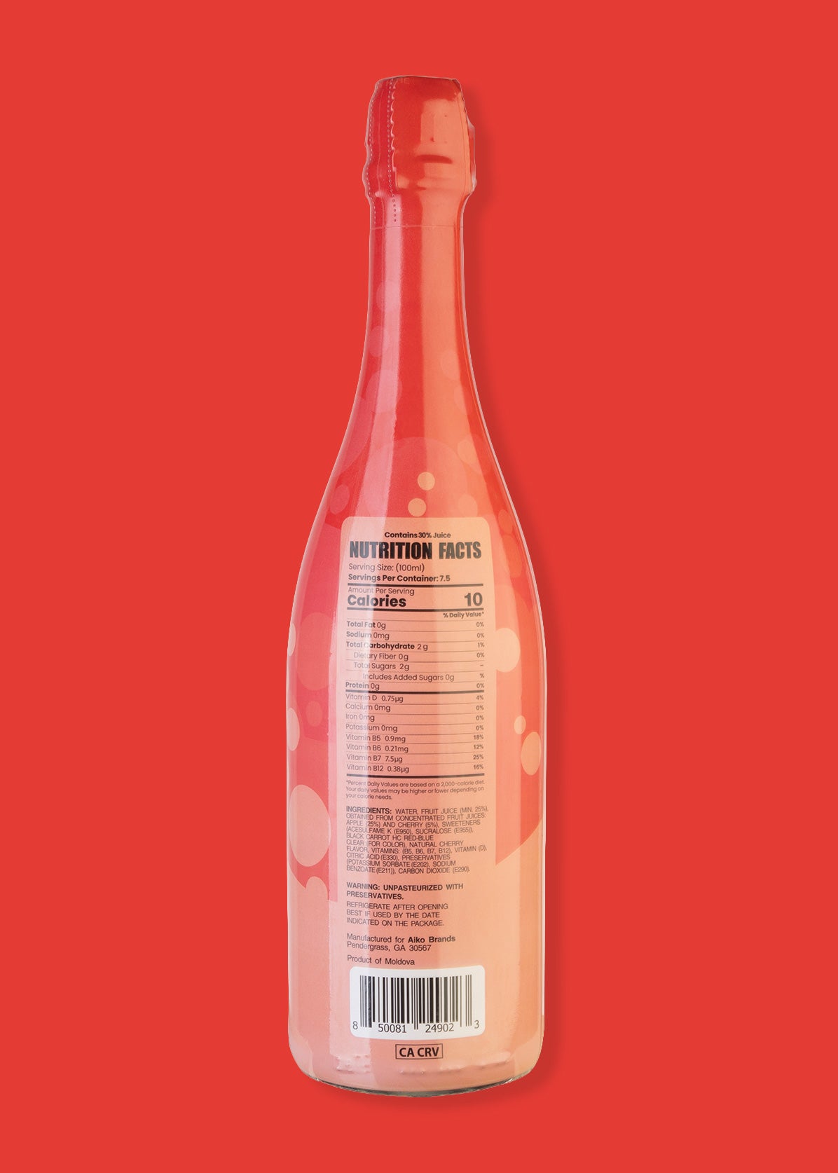 A nutritional facts of a bottle of Tiny Toast Co. Cherry Sparkling Juice Soda Drink.