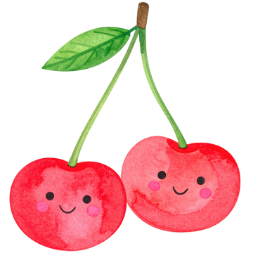 A watercolor-style illustration of two smiling cherries with green stems and leaves on a plain white background.