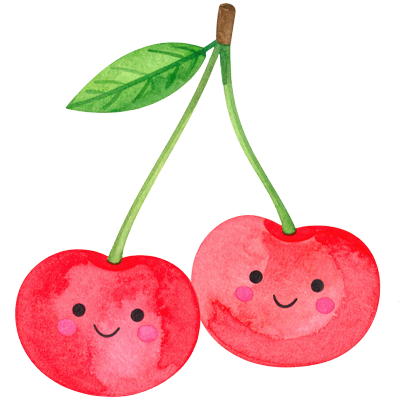 A watercolor-style illustration of two smiling cherries with green stems and leaves on a plain white background.