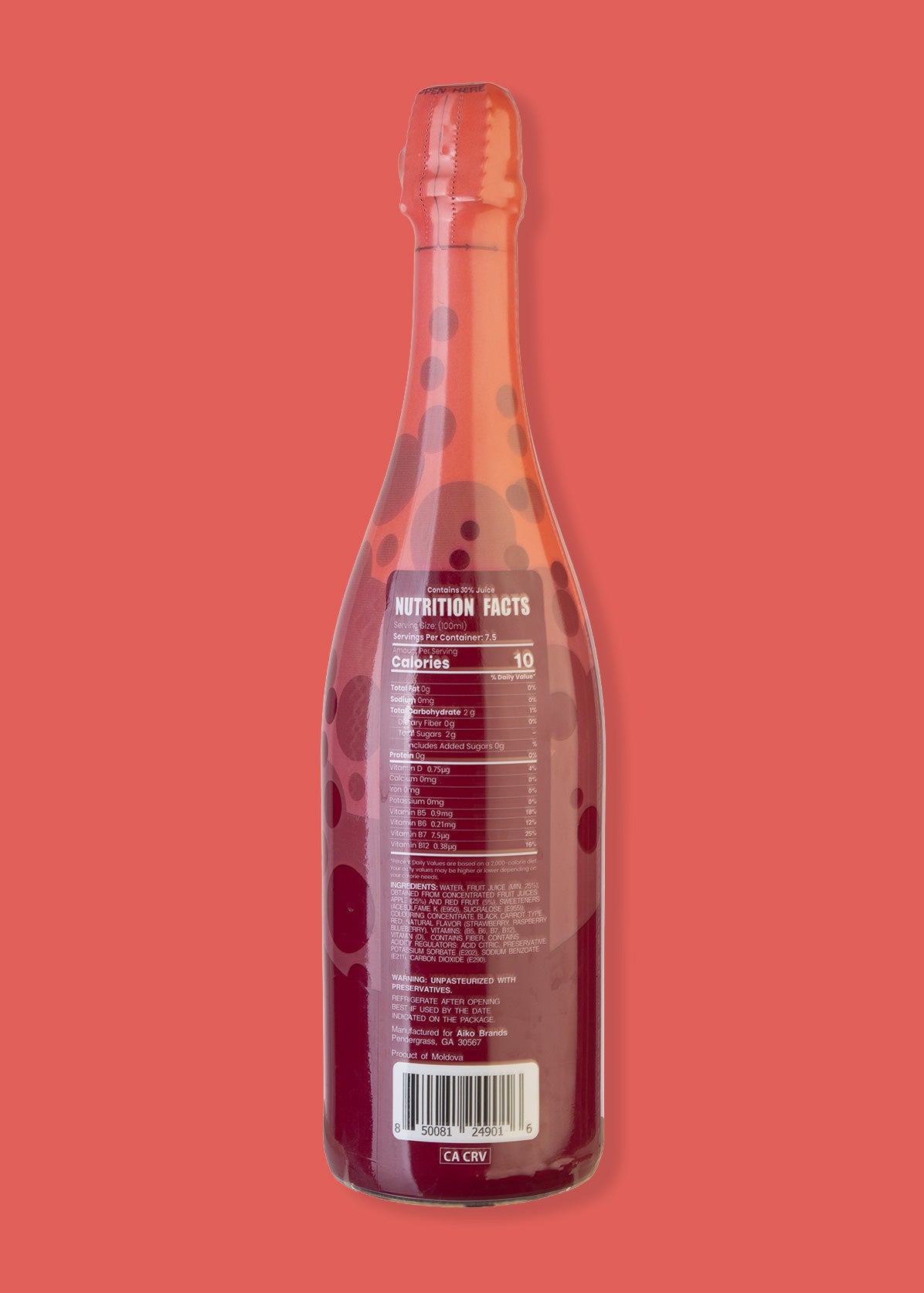 A nutritional facts of a bottle of Tiny Toast Co. Fruit Punch Sparkling Juice Soda Drink.