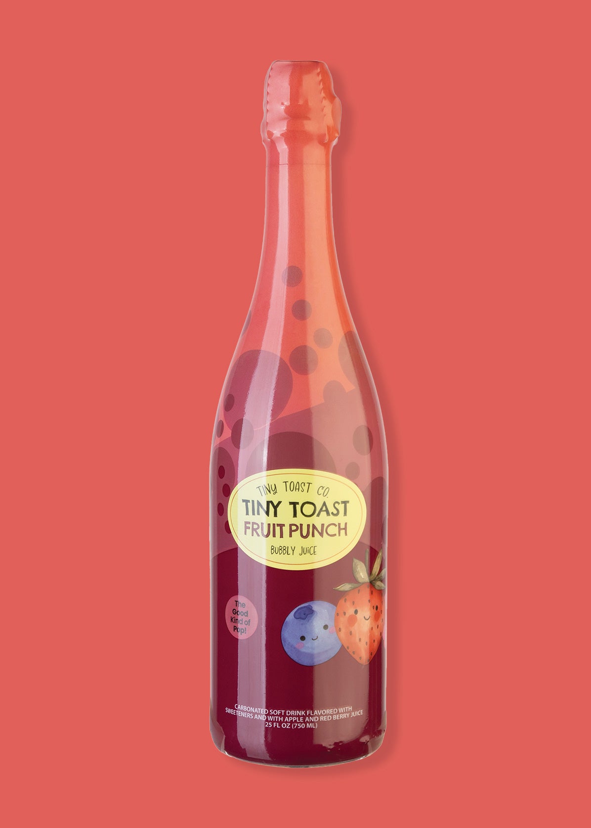 A nutritional facts of a bottle of Tiny Toast Co. Fruit Punch Sparkling Juice Soda Drink.