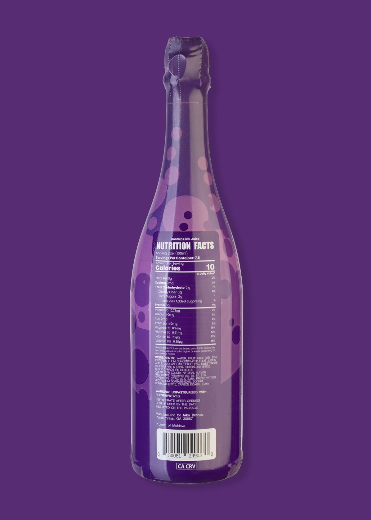 A nutritional facts of a bottle of Tiny Toast Co. Grape Sparkling Juice Soda Drink.