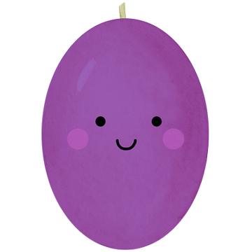 A purple balloon shaped like a grape with a cute cartoon face, featuring black eyes and a smile, pink cheeks, and a small pale yellow stem at the top, isolated on a white background.