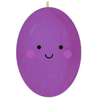A purple balloon shaped like a grape with a cute cartoon face, featuring black eyes and a smile, pink cheeks, and a small pale yellow stem at the top, isolated on a white background.