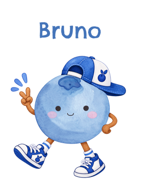 A cute watercolor-style illustration of a round blueberry character with a smiling face, wearing a blue and white cap and blue sneakers, with the name 'Bruno' above on a plain white background.