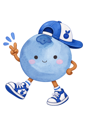A cute watercolor-style illustration of a round blueberry character with a smiling face, wearing a blue and white cap and blue sneakers, with the name 'Bruno' above on a plain white background.