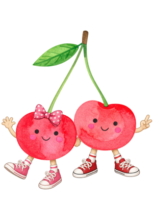 A cute watercolor illustration of two smiling cherries with arms and legs. One cherry wears a pink bow and pink sneakers, and the other wears red sneakers.