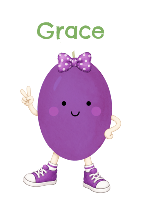 A cartoon purple grape character with a smiling face, pink cheeks, a purple polka-dot bow, and purple sneakers, standing on a white background with the name Grace in green text above.