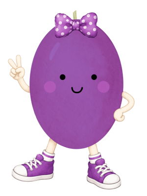 A cartoon purple grape character with a smiling face, pink cheeks, a purple polka-dot bow, and purple sneakers, standing on a white background with the name Grace in green text above.