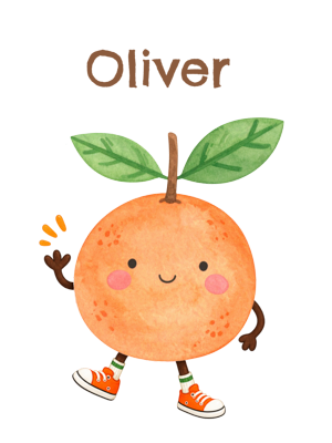 A cute watercolor-style illustration of an orange character with green leaves, a smiling face, pink cheeks, and orange-and-white sneakers, with the word 'Oliver' above on a white background.