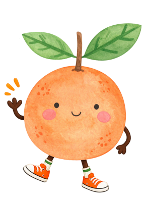 A cute watercolor-style cartoon orange character with two green leaves, a smiling face, pink cheeks, waving arms, and orange sneakers on a plain white background.