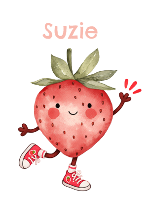 A cute watercolor-style cartoon strawberry character with the name 'Suzie' above it, shown on a plain white background. The strawberry has green leaves on top, a smiling face, small red cheeks, and red sneakers with white soles.