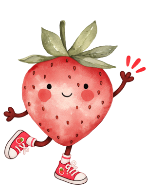 A cute watercolor-style cartoon strawberry character with the name 'Suzie' above it, shown on a plain white background. The strawberry has green leaves on top, a smiling face, small red cheeks, and red sneakers with white soles.