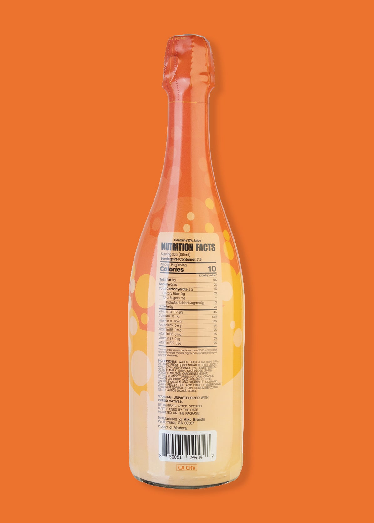 A nutritional facts of a bottle of Tiny Toast Co. Orange Sparkling Juice Soda Drink.