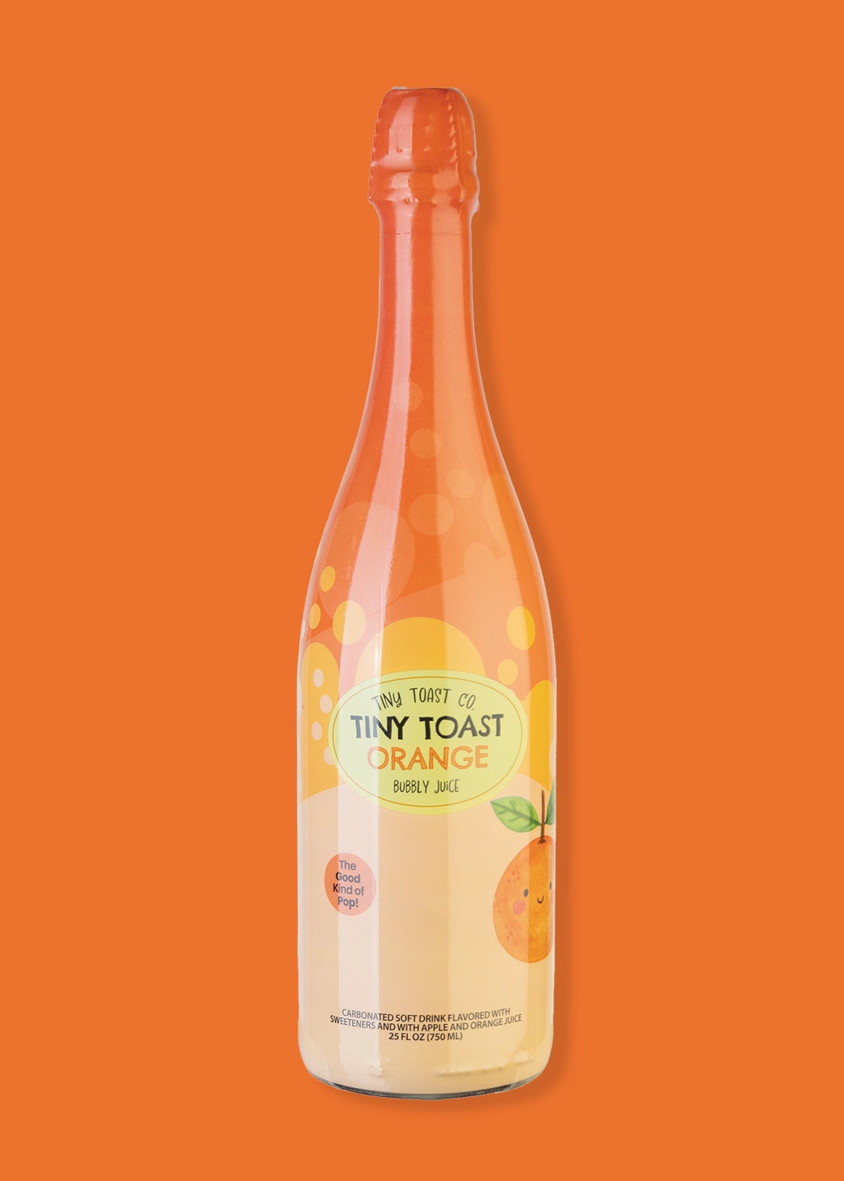 A bottle of Tiny Toast Co. Orange Soda Sparkling Drink on a solid orange background.