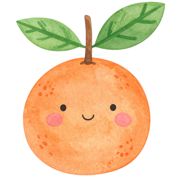 A cute watercolor-style illustration of a round orange with two green leaves, a brown stem, and a smiling face with pink cheeks on a plain white background.