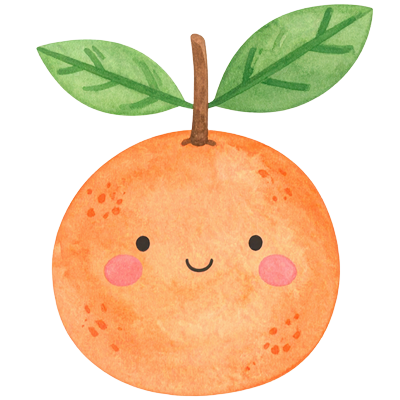A cute watercolor-style illustration of a round orange with two green leaves, a brown stem, and a smiling face with pink cheeks on a plain white background.