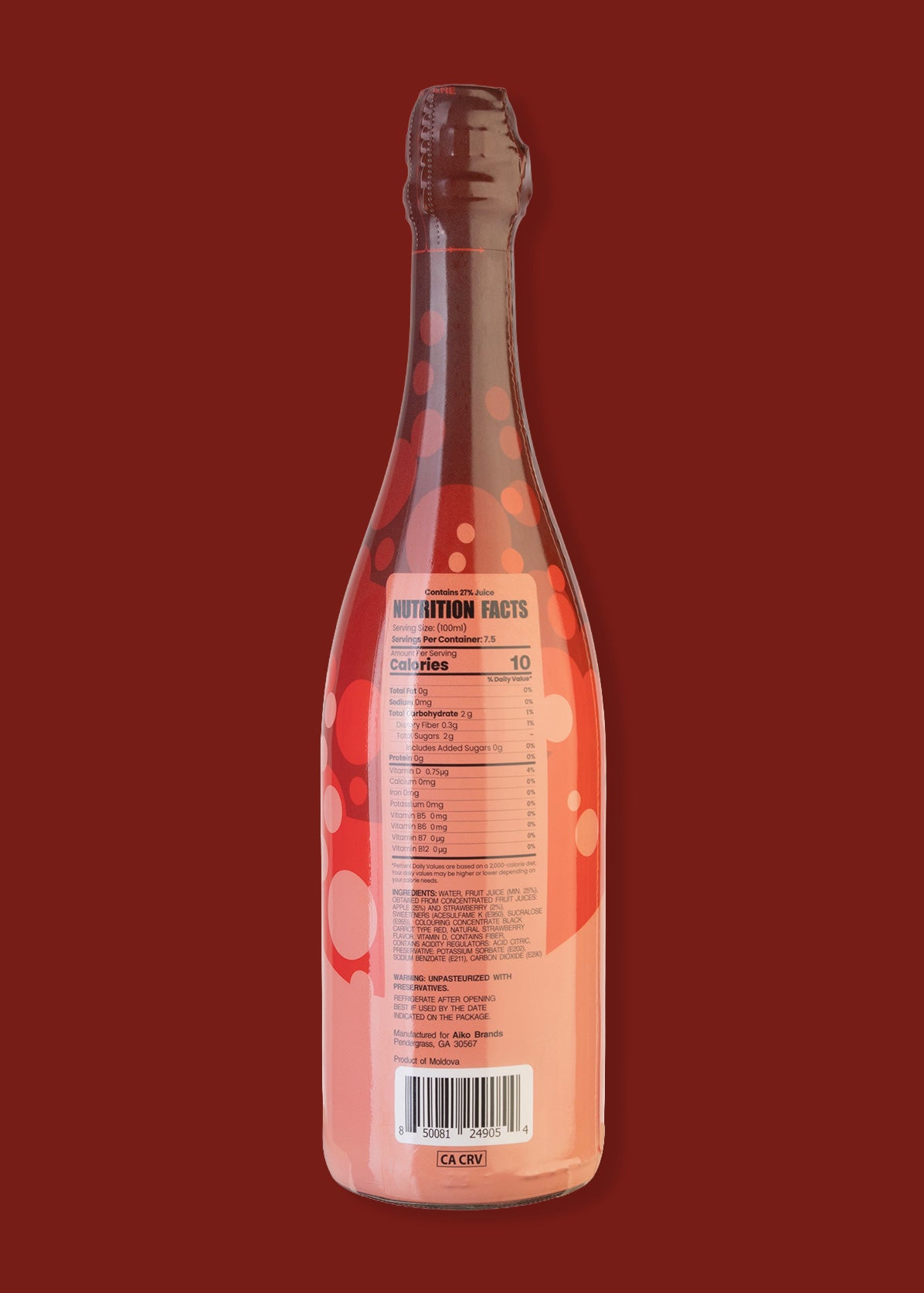 A nutritional facts of a bottle of Tiny Toast Co. Strawberry Sparkling Juice Soda Drink.