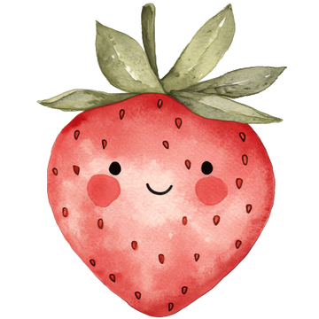 A cute watercolor illustration of a smiling strawberry with green leaves on a plain white background.