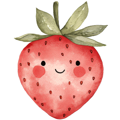 A cute watercolor illustration of a smiling strawberry with green leaves on a plain white background.